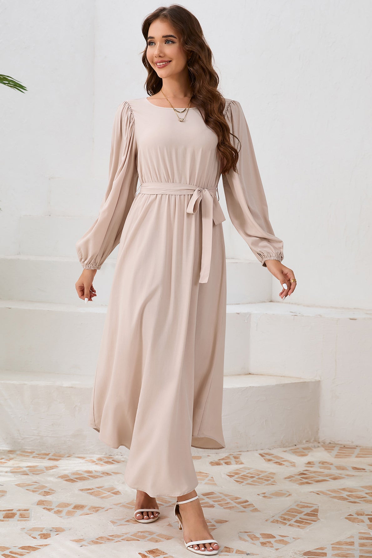 Elegant Tie Waist Long Sleeve Maxi Dress