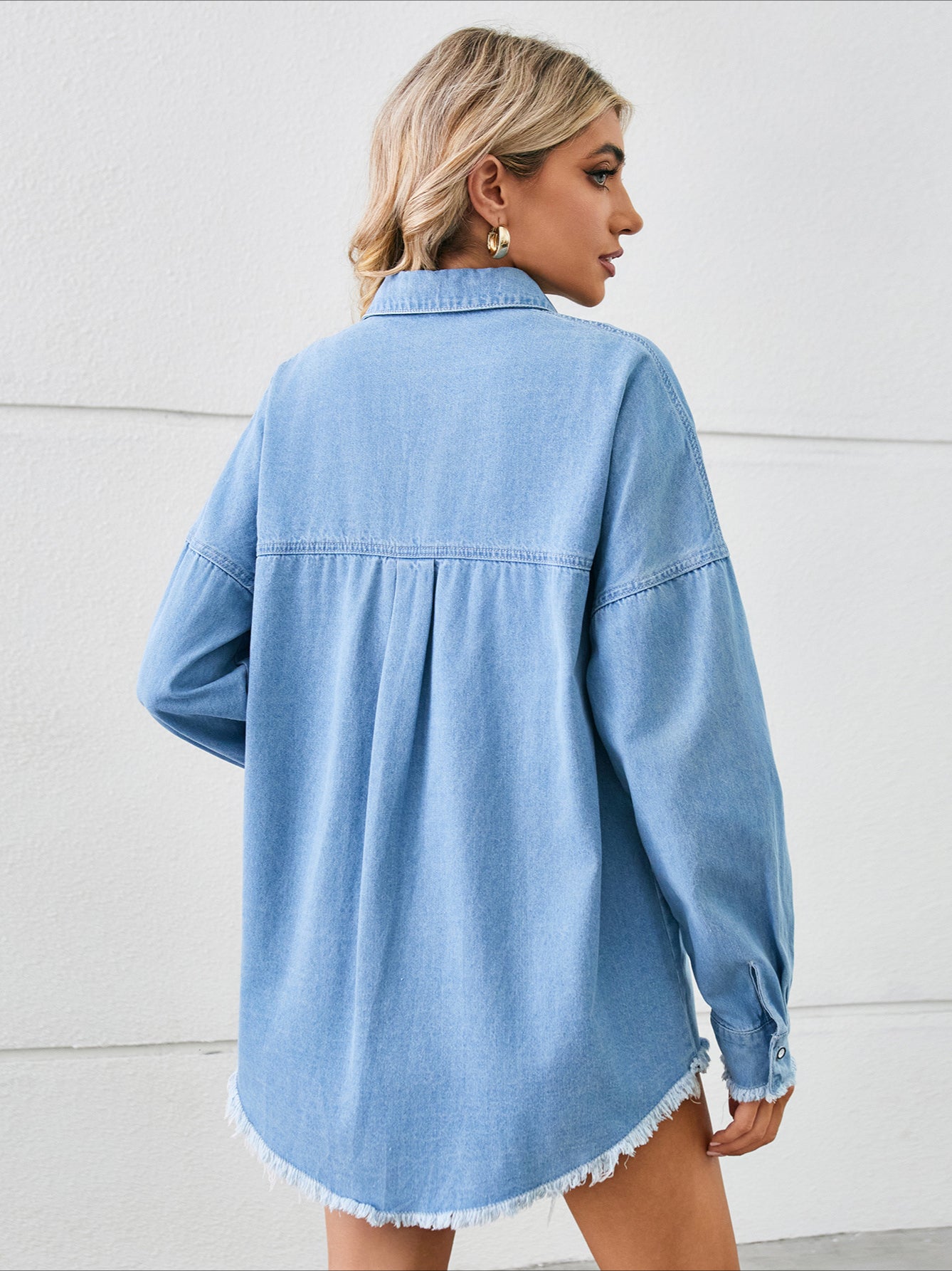 Frayed Hem Casual Denim Shirt